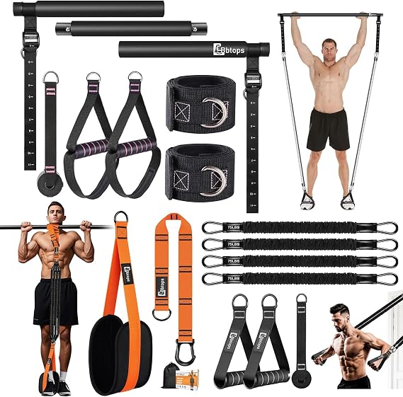 Pilates Bar Kit with Resistance Bands+ Pull Up Assistance Bands,Up to 300 lbs Assistance(Black+Orange)