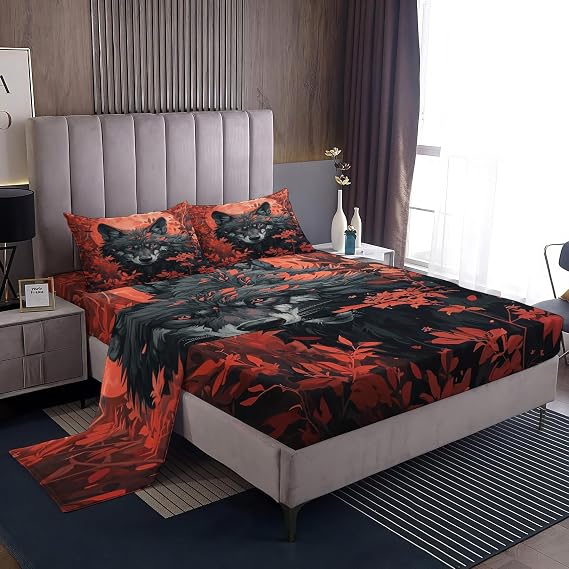 Wolf Sheets California King Size Bed, Fantasy Animal Pattern Sheet Set - 14 Inch Deep Pocket, Super Soft Microfiber Printed Bedding Sheets & Pillowcases 4 Piece