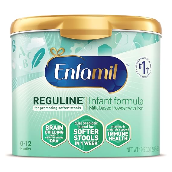 Enfamil Reguline Baby Formula, Designed for Soft, Comfortable Stools, with Omega-3 DHA & Probiotics for Immune Support, Reusable Powder Tub, 19.5 Oz