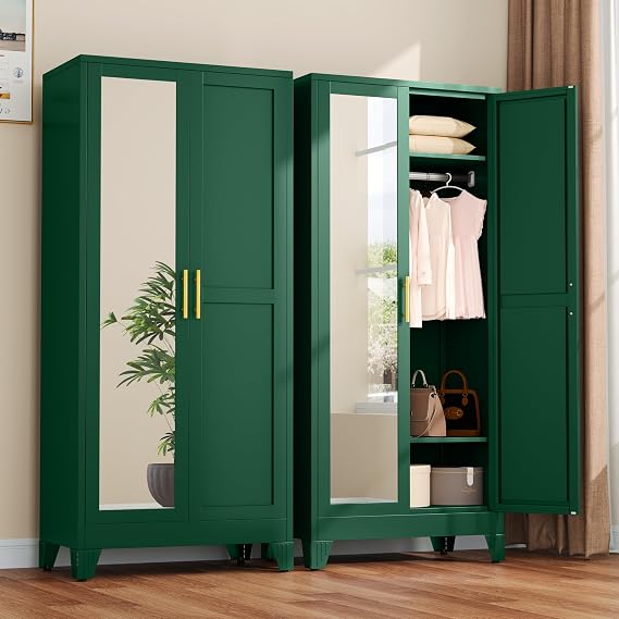 winiowa Metal Armoire Wardrobe Closet with 2 Mirror Doors, 71" Wardrobe Cabinet with Adjustable Shelves and Hanging Rod, Clothing Storage Cabinet Closet with Mirror for Bedroom-Green