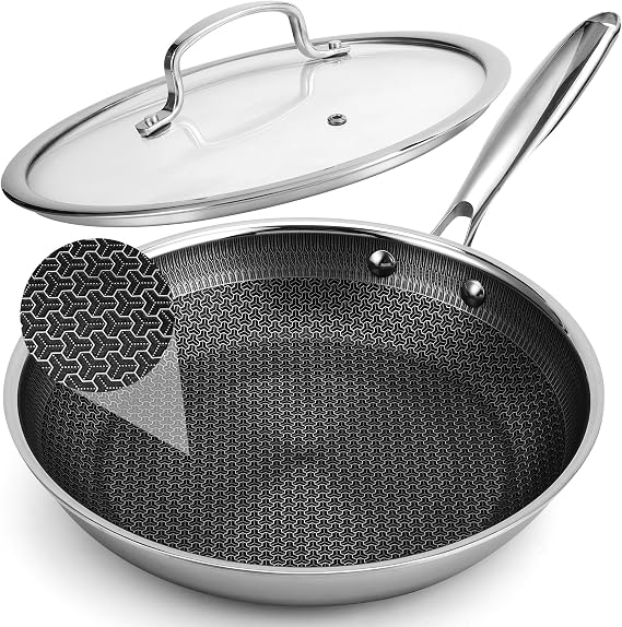 10 Inch Hybrid Non Stick Frying Pan Set Skillet Stainless Steel Skillet Chef's Pan with Matching Lid, PFOA-Free Non-Toxic Cookware, Dishwasher & Oven Safe, Induction Compatible All Cooktop