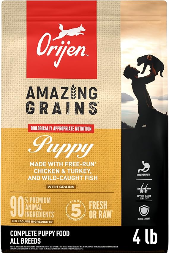 ORIJEN Amazing Grains WHOLEPREY Dry Dog Food Puppy Recipe 4lb. Bag | WHOLEPREY Ingredients, Freeze Dried, Fresh or Raw Ingredients, Non-GMO Ingredients, High Protein, Skin & Coat, Immune Support