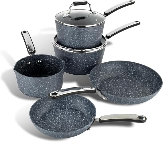 Scoville Expert Neverstick+ 4+1 Piece Cookware Set - Non-Stick Pans Set, 16cm Milk Pan, 18/20cm Saucepans, 20/24cm Frying Pans, Suitable for All Hobs, PFOA Free, Dishwasher Safe, Aluminium, Grey