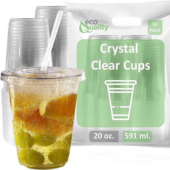 X-Large Clear Plastic Disposable Cups with Lids & Straws 50 count - 20 oz (ounces) Clear PET Cup for Cold Smoothie, Iced Coffee, Boba, Bubble Tea, Protein Shakes, Cold Drinks,Cups + Flat Lids +Straws