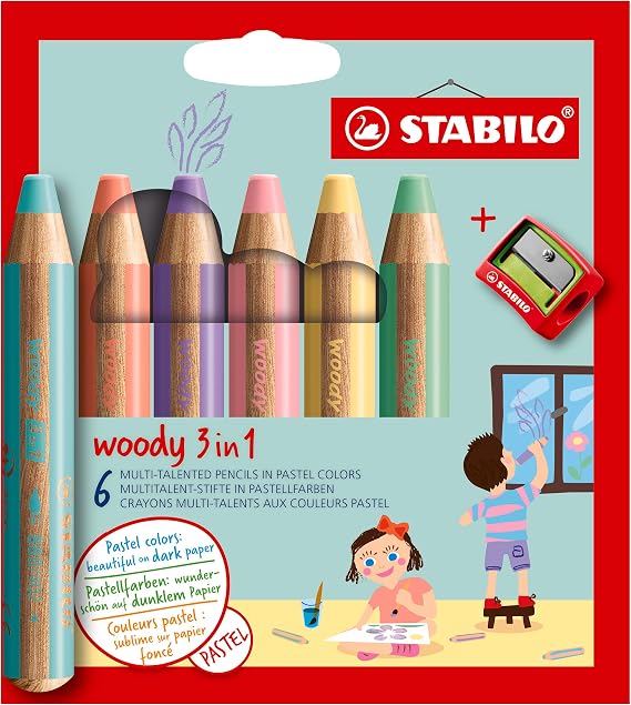 STABILO woody 3-in-1 - Multi-Talented Pencil | Pack of 6 - Assorted Pastel Colours with Sharpener