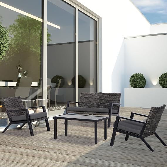 Outsunny 4 Piece Patio Furniture Set 2 PE Wicker Chairs Soft Cushions Black