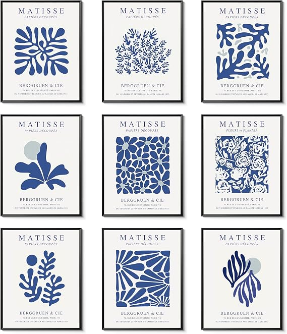Tmvosn Blue Matisse Posters Wall Art Set of 9, Abstract Henri Matisse Canvas Wall Decor Paintings, Vintage Navy Blue Flower Aesthetic Pictures Prints for Bedroom Bathroom Living Room 8x10In Unframed