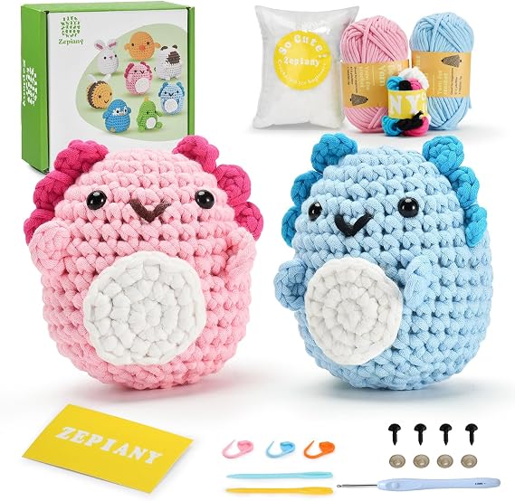 Crochet Kit for Beginners, Amigurumi Crocheting Animals Kits with Step-by-Step Video Tutorials, Knitting Starter Pack for Adults and Kids, 2 Axolotls