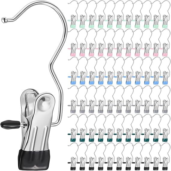 Yinder Boot Hangers Clips Laundry Hooks Hanging Stainless Steel Clothes Pins Portable Hangers for Closet Travel Socks Pants Handbags Hats Towels (Multicolor,60 Pcs)