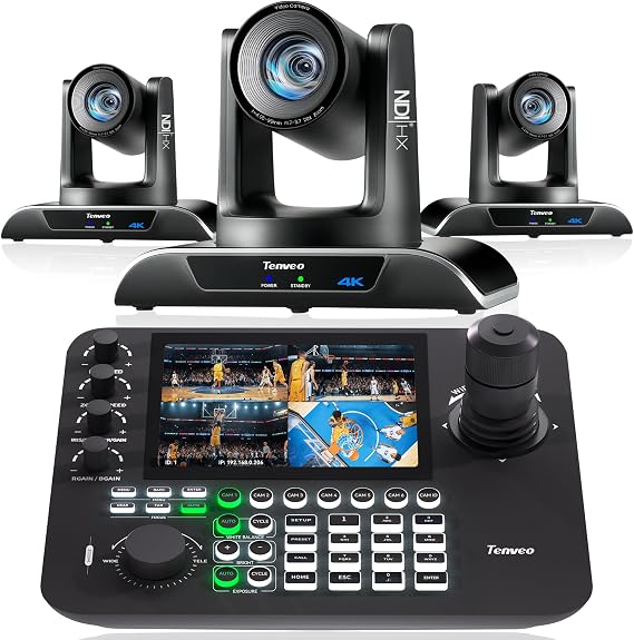 Tenveo PTZ Camera and Controller Bundle/Kits - 4K 20X AI Auto Tracking HDMI/USB3.0/LAN(PoE) NDI PTZ Camera(3PCS) and 7'' Quad-Screen NDI Joystick Controller for Church Service Events Live Streaming