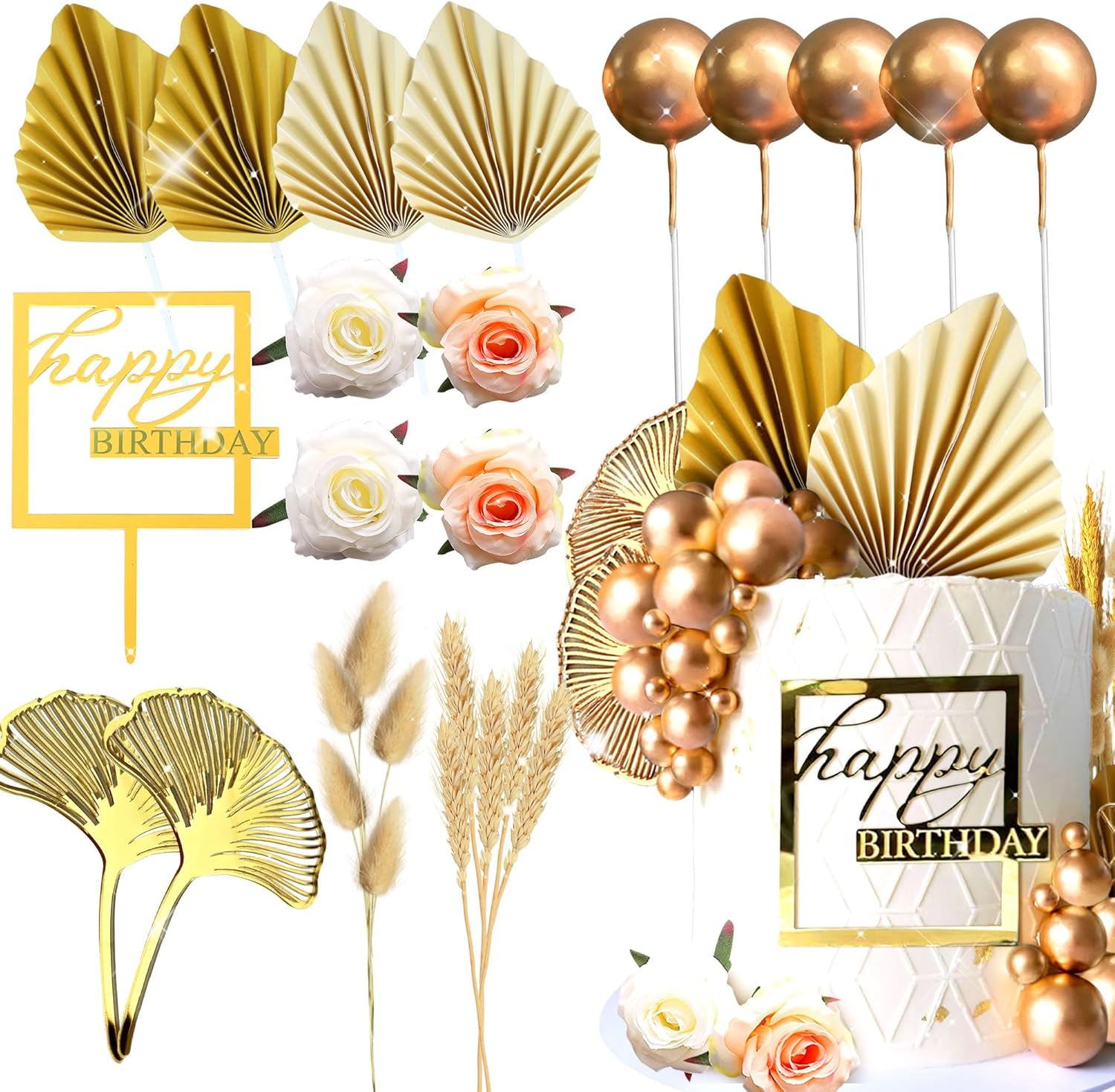 JeVenis Boho Champagne Rose Cake Decoration Balls Cake Decoration Gold Palm Leaves Cake Decoration Bohemian White Gold Ball Cake Decoration Boho Party Supplies