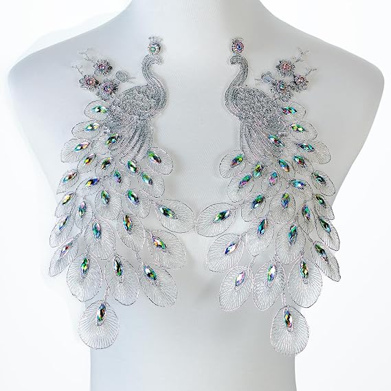 Silvora Pair Embroidered Beaded Pearl Peacock Fabric Colorful Rhinestones Applique, Handmade Sewing Tool for Wedding Dress Gown Bodice Costume Clothing Craft DIY (Silver)