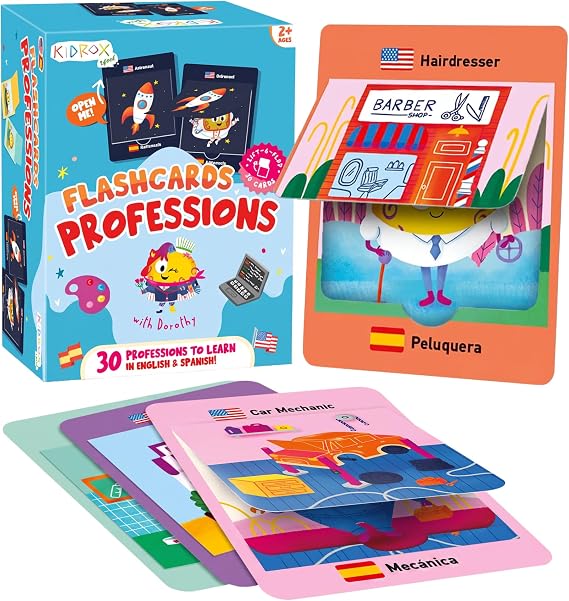 Kidrox Career & Professions Flash Cards, English Learning Cards with Spanish Translations, Interactive Open & Cover, 30 Pack