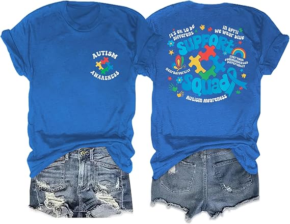 ALLTB Autism Awareness Shirt Women in April We Wear Blue Shirt Autism Mom Tee Autism Puzzle Graphic Short Sleeve Tops