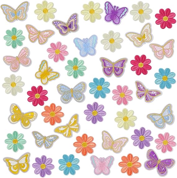 44Pcs Butterfly and Flower Iron on Patches Pastel Daisy Embroidered Patches