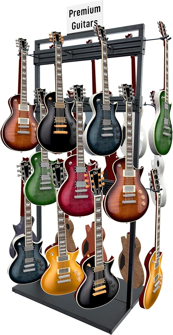 94" Tall Free Standing Wall Guitar Display Holder - Metal Modular Triple-Tier Rack for Acoustic, Bass, Ukulele & Electric Guitars w/ Adjustable Hooks - Guitar Accessories Gifts for Beginners - Black