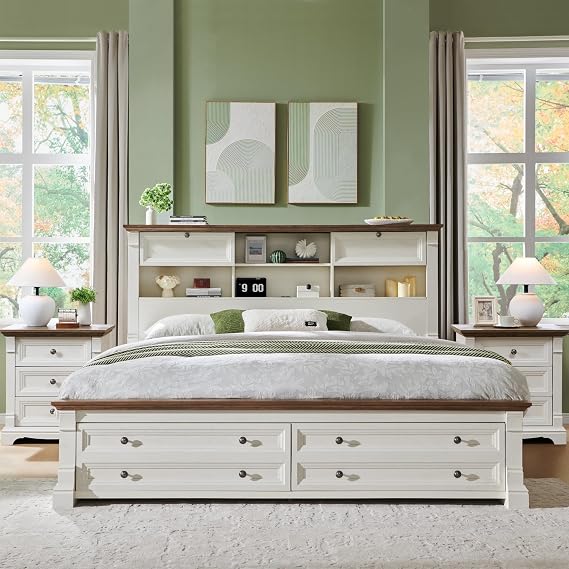 Wood Queen Size Bed Frame with 54" Tall Storage Headboard Charging Station
