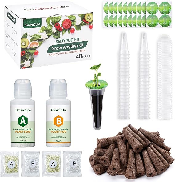 GARDENCUBE 166pcs Hydroponics Pods Kit Compatible with AeroGarden | 40 Sponges, 40 Baskets, 40 Domes, 40 Pod Labels, 600ml A&B Nutrients, Tweezer, Grow Anything Supplies for Most Brands