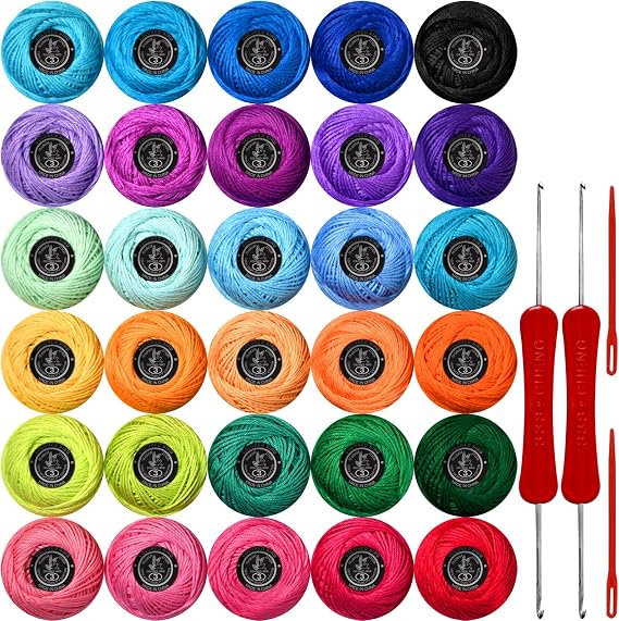 Size 3 Crochet Thread Kit Cotton Threads Balls kit 30 Popular Rainbow Colors with Free Set of 2 Crochet Hooks and 2pcs Knitting Needles for Beginners and Experienced Crochet Enthusiast