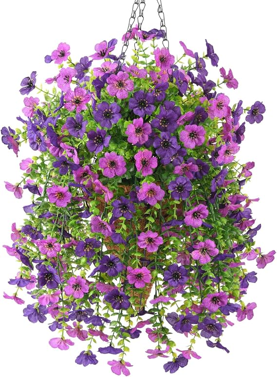 INQCMY Artificial Hanging Flowers with Basket for Spring Outdoor Decoration 3 Bunches of Silk Daisy Flower Uv Resistant for Garden Porch Patio Balcony Yard Decor (Purple1)