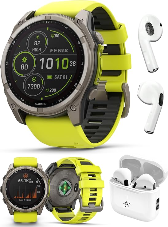 Garmin Fenix 8 (Amp Yellow, 51mm) Solar Sapphire GPS Watch Earbuds Bundle | Sunlight Charging Lens, Built-In LED Flashlight, Speaker & Mic, 28-Day Batt | Includes PlayBetter Wireless Running Earphones