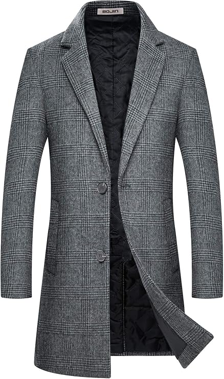BOJIN Mens Trench Coat Wool Blend Top Pea Coat Winter Long Single Breasted Classic Stylish Business Overcoat