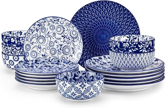 vancasso Selene Dinner Sets for 6 People, 18 Pieces Plates and Bowls Set | Vintage Blue Porcelain Crockery Set, Kitchen Dinnerware Sets, Mircowave and Dishwasher Safe Dishes Set, Scratch Resistant