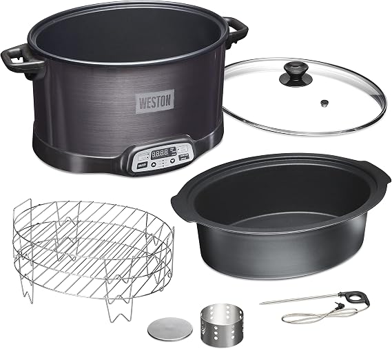 WESTON BRANDS 2-in-1 Indoor Electric Smoker & Programmable Slow Cooker, 6 Quart, With 3-Tier Smoking Rack for Meat, Cheese and More, Dishwasher Safe Crock, Temperature Probe, Black (03-2500-W) | 3-Tier Smoking Rack for Meat, Cheese & More | Dishwasher Safe Crock | Temperature Probe | Black | 03-2500-WMN