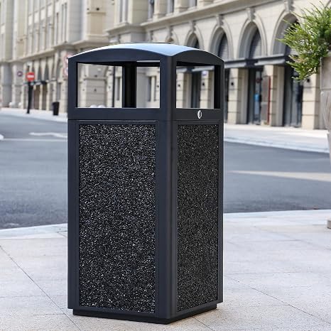 Outdoor Trash Can with Lid, 51L/13.5 Gal-Lockable Commercial Trash Can with Nature Stone Panels, Heavy-Duty Rustproof Metal Garbage Can with Removable Liner for Parks & Public Spaces
