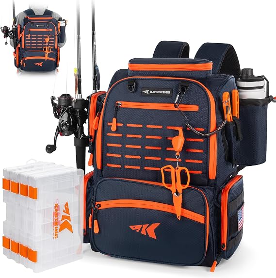 KastKing Bait Boss Fishing Tackle Backpack with Rod Holders-4 Tackle Boxes-Rain Cover,Storage for Fishing Gear