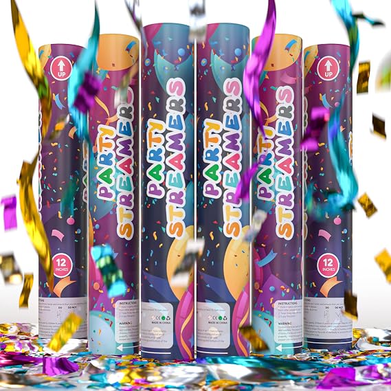 Multicolor Streamer Poppers and Cannons, No-Mess, 6-Pack, 12 in | Paper Streamers, 35 ft Launch, Compressed Air, Easy Twist, Easy Cleanup, No Fire or Smoke, Graduation, Weddings, Photography
