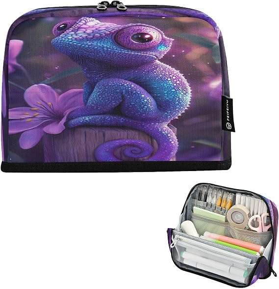 MCHIVER Chameleon Flower Purple Zipper Pencil Case Pouch Large Capacity Marker Aethetic Pen Bag Stationery Organizer School College Office Storage for Girls Boys Teen