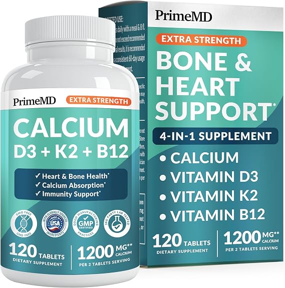 PrimeMD 4-in-1 Calcium 1200mg, Vitamin D3 K2 5000IU, Vegan Non-GMO, 120ct