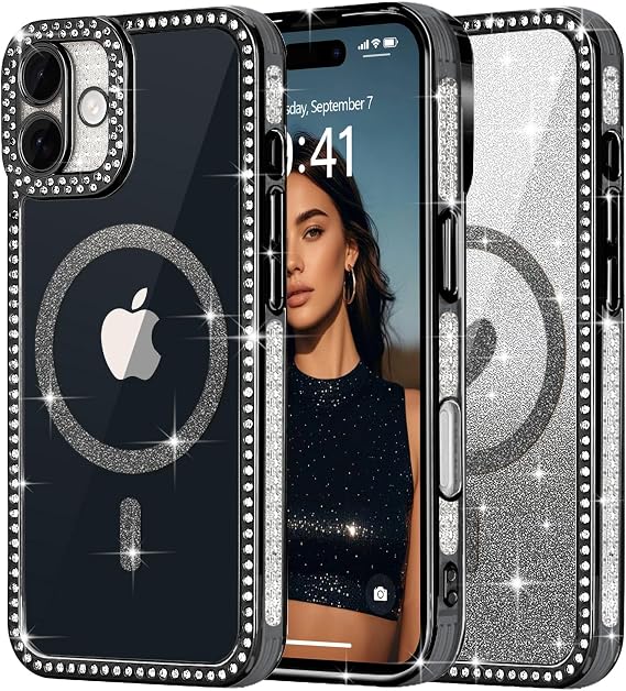 for iPhone 17 Case Glitter Clear Love Heart Camera Cover, Black | Sparkly Rhinestone Diamonds Frame Design for Women Girls, Soft TPU shockproof Protective, Luxury Plating Aesthetic