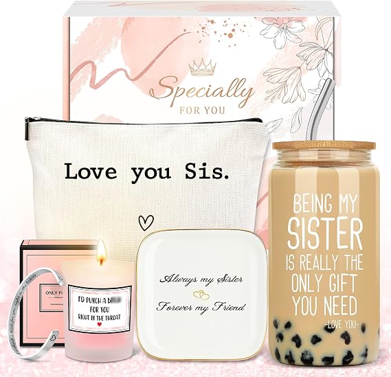 Sister Gifts from Sisters Birthday Gifts for Sisters Adult Best Sister Ever Gift Ideas for Women Cool Presents Set with Funny Glass Cup, Unique Makeup Bag, Scented Candle, Bracelet, Jewelry Tray