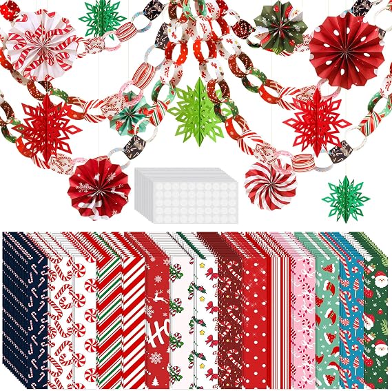 Yexiya 612 Pcs Candy Cane Paper Chain Strips 3D Snowflakes Fans Christmas