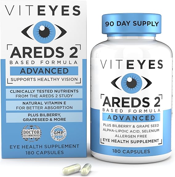 Viteyes AREDS 2 Advanced Eye Vitamins, Macular Support with Bilberry, grapeseed, FLORAGLO Lutein, Selenium, Natural Vitamin E, Allergen Free, Vision Protection, Eye Doctor Trusted, 180 Count