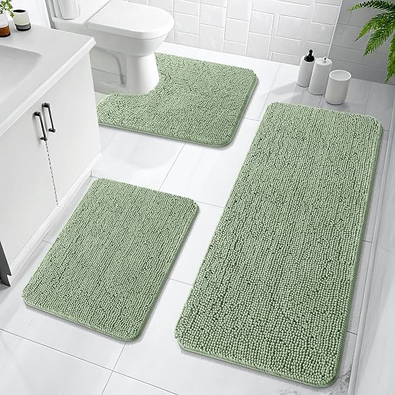 OLANLY Bathroom Rugs Sets 3 Piece, 47"x20"+24"x16"+24"x20", Sage Green