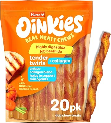 Hartz Oinkies Twirls  Collagen to Support Skin & Joints, Made with Real Chicken Breast, Highly Disgestible Dog Chews, 20 Count