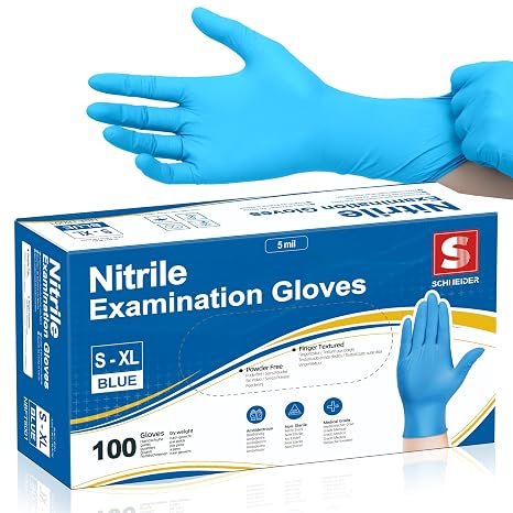 Schneider Nitrile Exam Gloves, 5 Mil, Blue, Latex-Free Disposable Gloves for Medical Exams, Cooking, and Cleaning