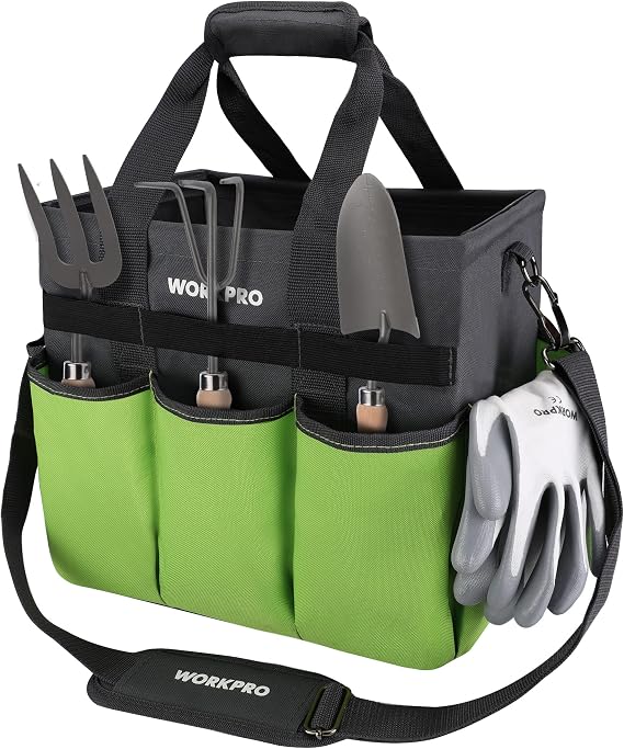 WORKPRO Garden Tool Bag, 10 Pockets and Shoulder Strap, Green