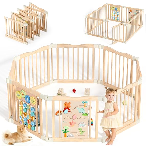 Foldable Wooden Playpen, 55 x 55 x 24 inches, Dino Land, Natural | Adjustable Wood Baby Play Yard with Child-Proof Lock, Indoor Large Safety Fence for Babies and Toddlers, Easy Assembly