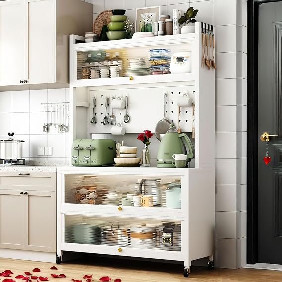 SunSettler Kitchen Pantry Storage Cabinet, 5 Tier Metal Sideboard with Wheels and Acrylic Glass Door, Modern Kitchen Storage Rack for Home, Office, Pantry, Garage (White, 80cm)