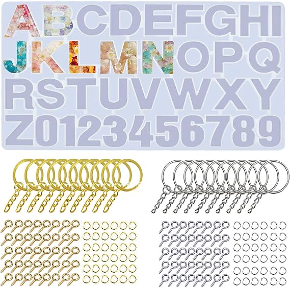 Anlan-angel Letters Numbers Silicone Molds for Resin, Alphabet Molds Kit, 0-9 Number and 26 Letters Molds with Keychain Making Supplies for Resin Casting,DIY Letter Keychain, Jewelry Making