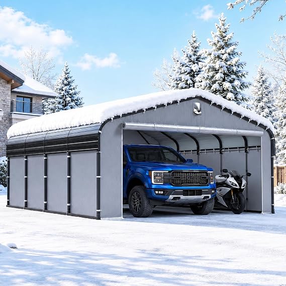 Sannwsg 12x20 FT Heavy Duty Metal Carport with Galvanized Roof & Sidewalls | 12x20 enclosed metal carport with galvanized roof, removable sidewalls, two roll-up doors, and solar light.