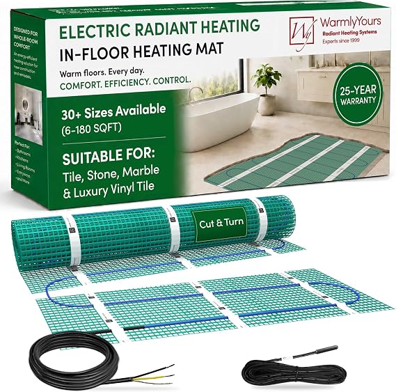 WarmlyYours Heated Floor System 43 sqft - Electric Heated Floor Mat for Fast, Even Warmth Under Tile, Stone Ideal for Bathroom - 1.5x29 ft 240V (TempZone Flex)