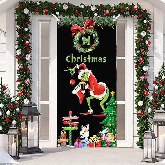 Merry Gri-chmas Door Cover Christmas Font Porch Sign Winter New Year Christmas Decorations Party Supplies for Home Decor Xmas Front Door Cover Xmas Large Photography Background