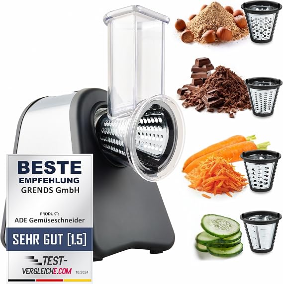 ADE Electric Kitchen Grater Vegetable Slicer Grater for Fruit and Vegetables Carrots Cucumber Nuts 4 Extra Sharp Cutting Drums Cheese Grater 200 to 500 W