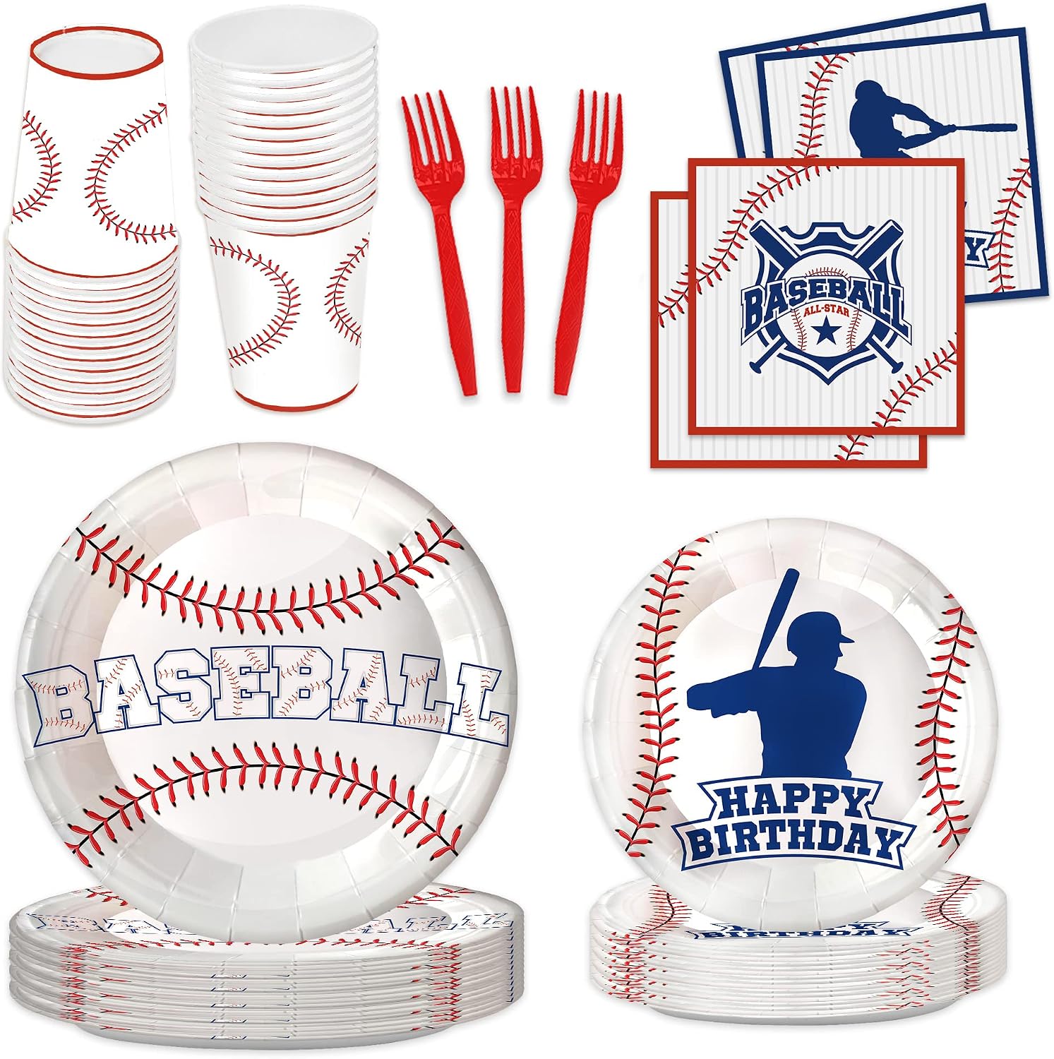 Oigco 120pcs Baseball Party Supplies Birthday Party Tableware Plates Napkins Cups Red Forks Dessert Plates Sports Birthday Party Decorations Severs 24 Guests