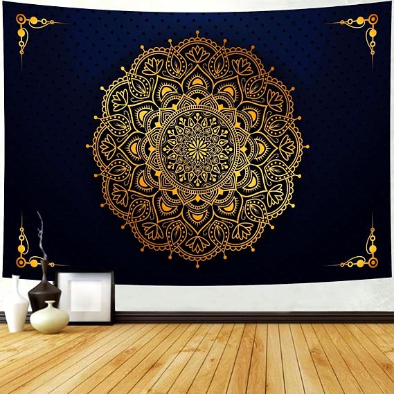 Delur Mandala Tapestry Aesthetic Boho Gold Floral Medallion Tapestry Wall Hanging Bohemian Wall Art Indian Hippie Psychedelic Headboard for Bedroom Living Room Home Decor (70.8" x 92.5")